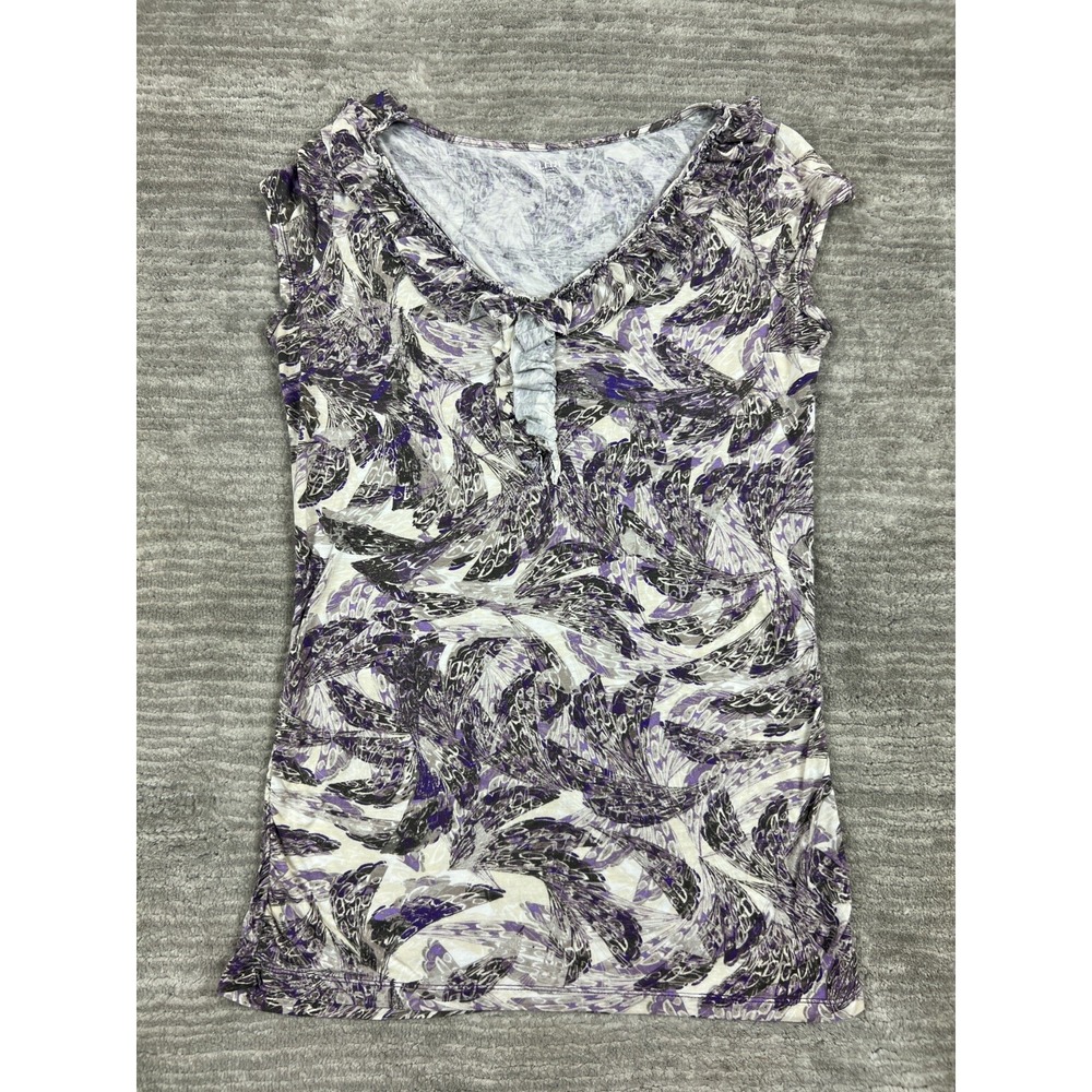 a.n.a Top Womens Medium Purple Abstract Feather Ruffle V-Neck Sleeveless Rayon